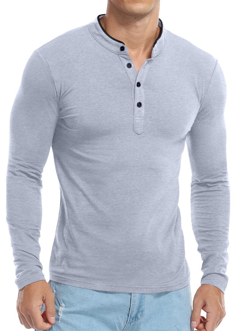 KUYIGO Men's Casual Slim Fit Shirts Long Sleeve Polo Mandarin Collared Lightweight T-Shirts Grey X-Large - Image 4